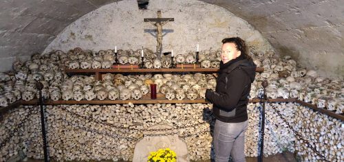 Me in the crypt with the sculls