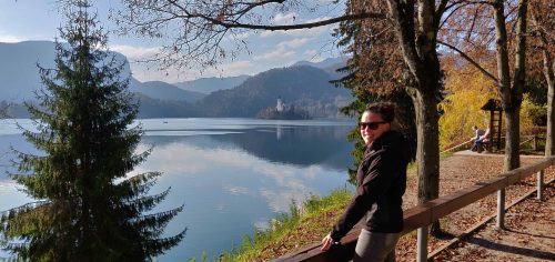 Me at lake Bled overlooking the church