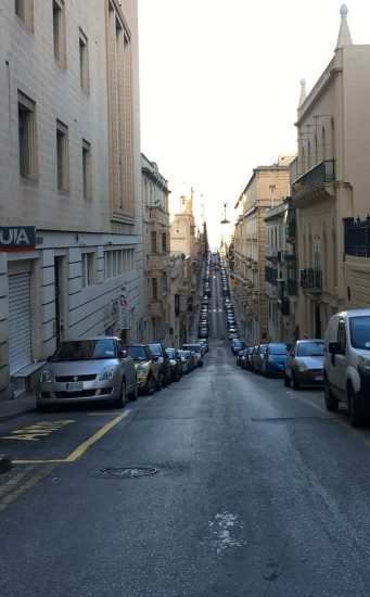 One of the long and narrow streets in Valletta